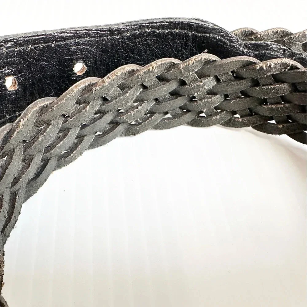 Vintage Crocodile, Woven Leather Belt Black Silver Decorative Buckle